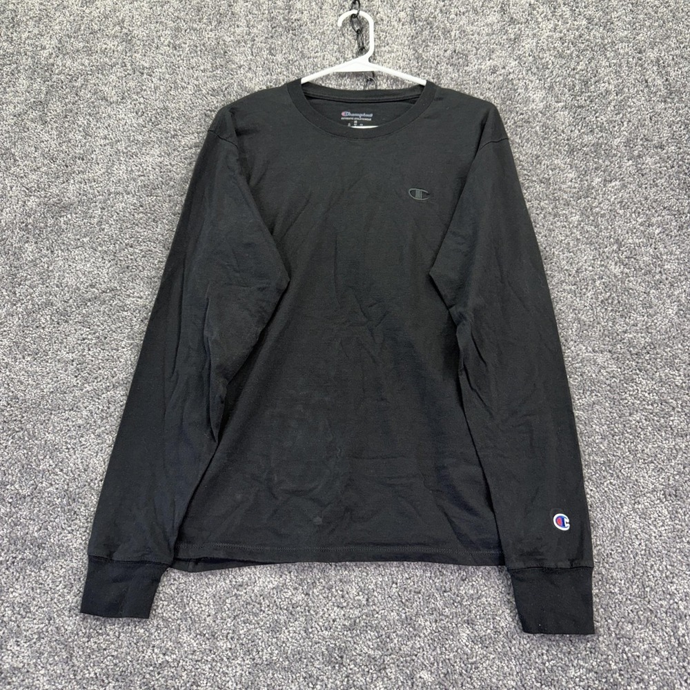 Champion Shirt Mens Medium Black Long Sleeve Crew Neck Logo Tee Tagless Casual